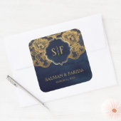 Navy Blue Gold Foil Lace Monogram Gastgeschenk Hoc Quadratischer Aufkleber (Umschlag)