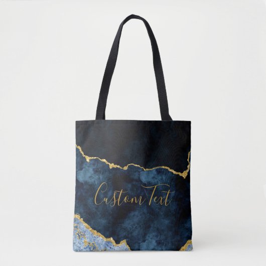Navy Blue & Gold Foil Marmor Agate Custom Text Tasche (Vorderseite)