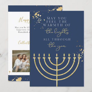 Navy Blue Gold Foil Menorah Hanukkah Card Einladung