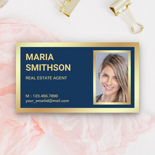 Navy Blue Gold Foil Real Anwesen Realtor Foto Visitenkarte