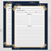 Navy Blue Gold Foliage Recipe Binder Page (Vorne/Hinten)