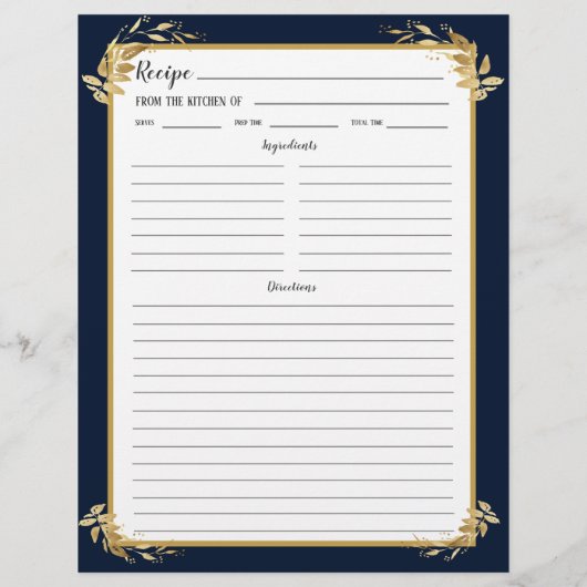 Navy Blue Gold Foliage Recipe Binder Page (Rückseite)