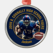 Navy Blue Gold Football Player Photo Christmas Ornament Aus Metall (Vorne)