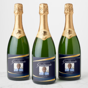 Navy Blue Gold Formal Foto Graduation Party Schaumweinetikett