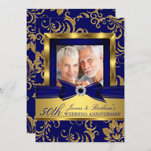 Navy Blue Gold Foto 50. Hochzeitstag Einladung