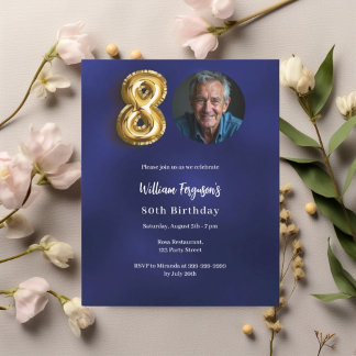 Navy Blue Gold Foto Einladung zum 80. Geburtstag