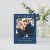 Navy Blue Gold Foto Frame Save the Date Postkarte (Stehend Vorderseite)