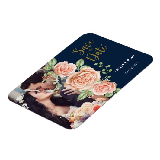 Navy Blue Gold Foto Hochzeit speichern das Datum Magnet (Linke Seite)