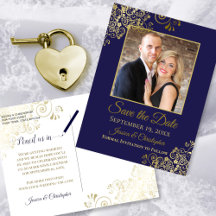 Navy Blue Gold Frills Foto Save the Date Hochzeit