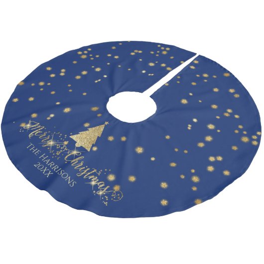 Navy Blue Gold Frohe Weihnachtsbaum Glitzern Polyester Weihnachtsbaumdecke (Schrägansicht)