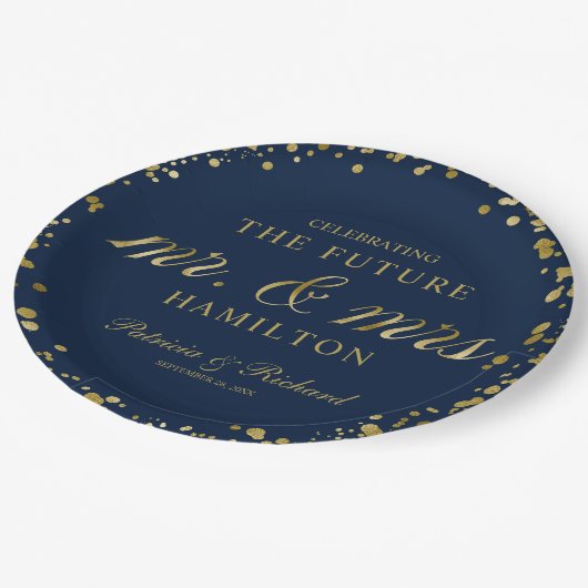 Navy Blue Gold Future Mr. und Mrs. Engagement Part Pappteller (Schrägansicht)