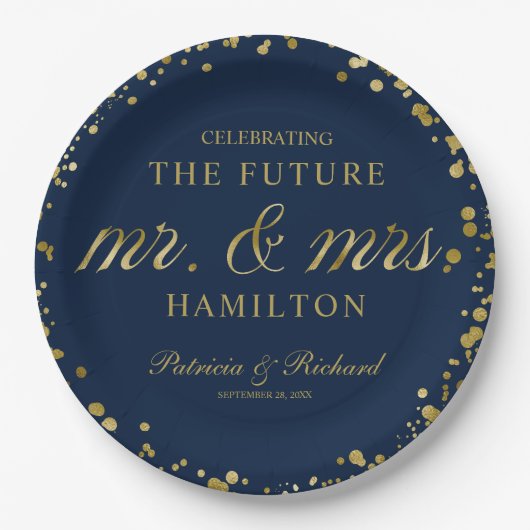 Navy Blue Gold Future Mr. und Mrs. Engagement Part Pappteller (Vorderseite)