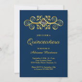 Navy Blue Gold Geblüht Diamond Quinceanera Einladung (Vorderseite)