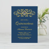 Navy Blue Gold Geblüht Diamond Quinceanera Einladung (Stehend Vorderseite)
