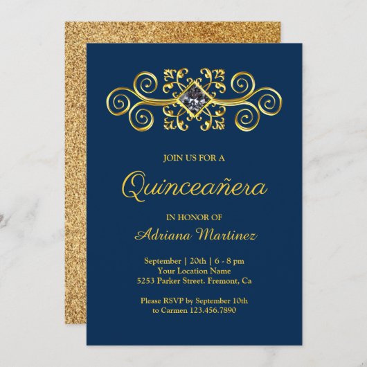 Navy Blue Gold Geblüht Diamond Quinceanera Einladung (Vorne/Hinten)