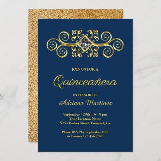 Navy Blue Gold Geblüht Diamond Quinceanera Einladung