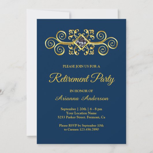 Navy Blue Gold Geblüht Diamond Retirement Party Einladung (Vorderseite)