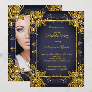 Navy Blue Gold Geburtstagsparty Foto Diamond Edels Einladung