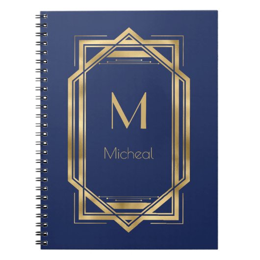 Navy Blue & Gold Geometric | Monogramm und Name Notizblock (Vorderseite)