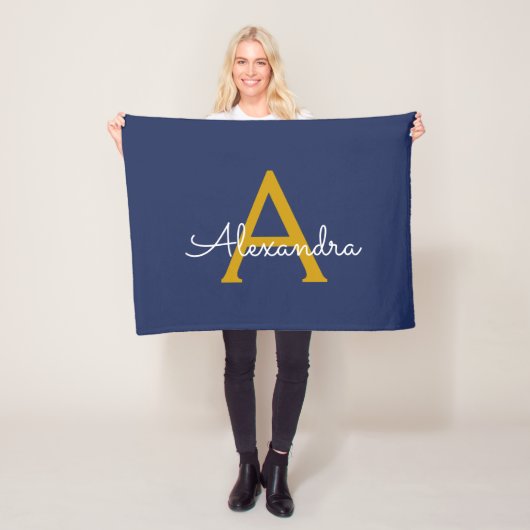 Navy Blue Gold Girl Monogram Name Modern Fleecedecke (Beispiel)