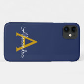 Navy Blue Gold Girl Script Monogram Name Modern Case-Mate iPhone Hülle (Rückseite (Horizontal))