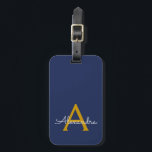 Navy Blue Gold Girl Script Monogram Name Modern Gepäckanhänger<br><div class="desc">Gold und Navy Blue Monogram Fügen Sie Ihren eigenen Namen Script Signature Pillow. Das Gepäcksack-Tag macht den perfekten 16 Geburtstag,  Hochzeit,  Brautparty,  Babydusche oder Junggeselinnen-Abschied Geschenk für jemanden,  der einen eleganten und modernen Stil Lieben.</div>