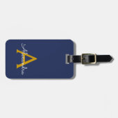 Navy Blue Gold Girl Script Monogram Name Modern Gepäckanhänger (Vorderseite horizontal)