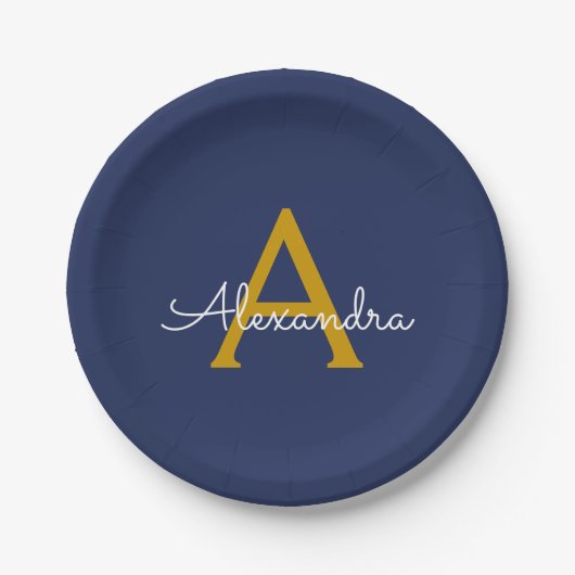 Navy Blue Gold Girl Script Monogram Name Modern Pappteller (Vorderseite)