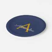 Navy Blue Gold Girl Script Monogram Name Modern Pappteller (Schrägansicht)