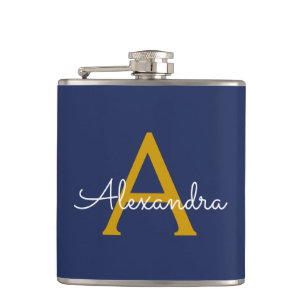 Navy Blue Gold Girls Monogram Name Modern Flachmann