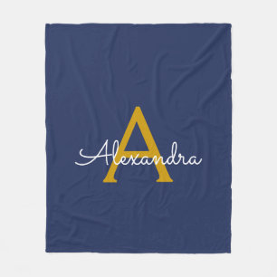 Navy Blue Gold Girls Monogram Name Modern Fleecedecke