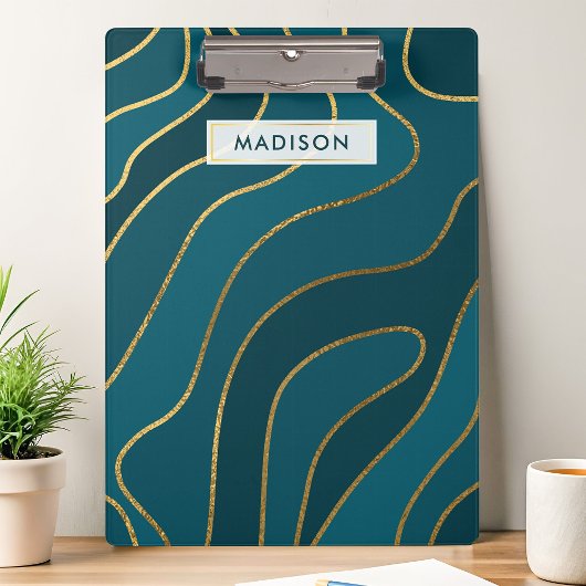 Navy Blue Gold Glitzer Abstrakt Lines Personalisie Klemmbrett