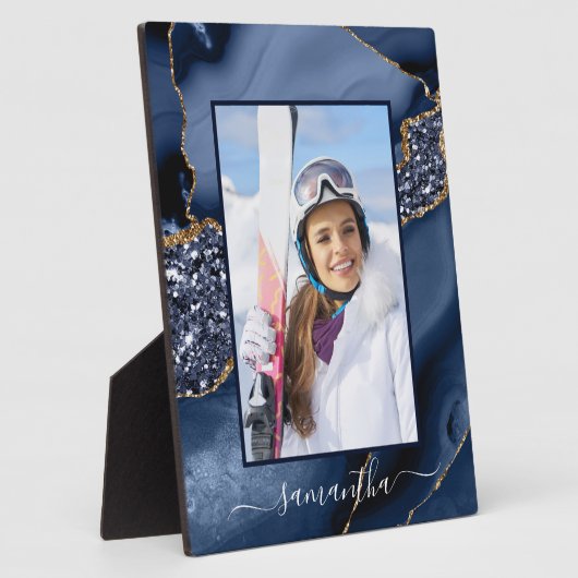 Navy Blue Gold Glitzer Agate Elegantes Name Foto Fotoplatte (Seite)