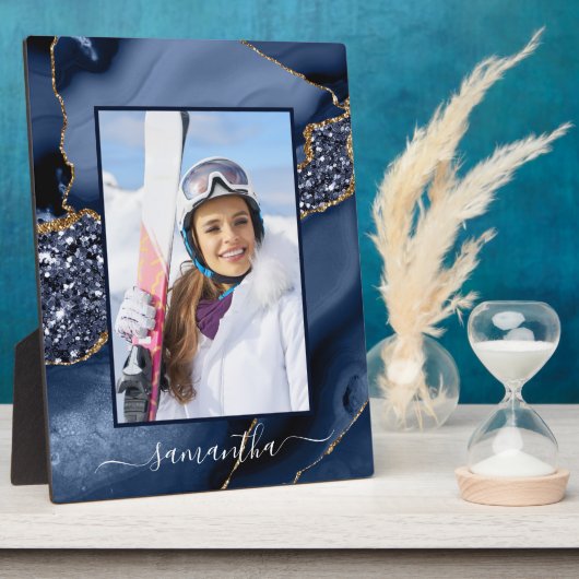 Navy Blue Gold Glitzer Agate Elegantes Name Foto Fotoplatte (Seite)