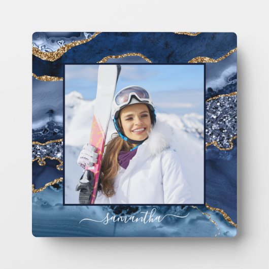 Navy Blue Gold Glitzer Agate Elegantes Name Foto Fotoplatte (Vorderseite)