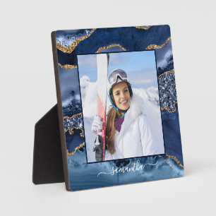 Navy Blue Gold Glitzer Agate Elegantes Name Foto Fotoplatte
