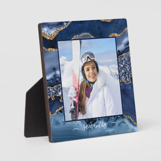 Navy Blue Gold Glitzer Agate Elegantes Name Foto Fotoplatte (Vorderseite)