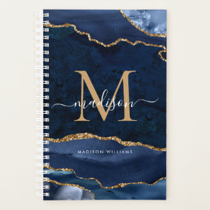 Navy Blue Gold Glitzer Agate Geode Girly Monogram Planer