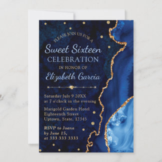 Navy Blue & Gold Glitzer Agate und Marmor Sweet 16 Einladung
