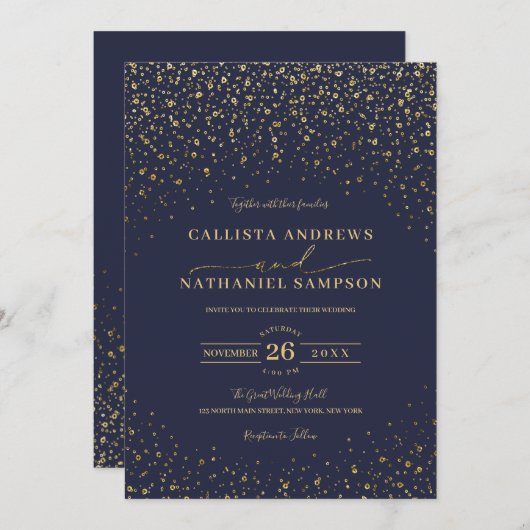 Navy Blue Gold Glitzer Confetti Wedding Einladung (Vorne/Hinten)