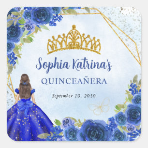Navy Blue Gold Glitzer Floral Prinzessin Tiara Fav Quadratischer Aufkleber