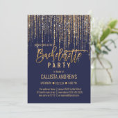 Navy Blue Gold Glitzer Fringe Vorhang Bachelorette Einladung (Stehend Vorderseite)