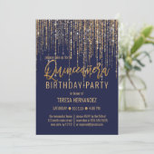 Navy Blue Gold Glitzer Fringe Vorhang Quinceañera Einladung (Stehend Vorderseite)