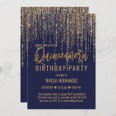 Navy Blue Gold Glitzer Fringe Vorhang Quinceañera Einladung (Vorne/Hinten)