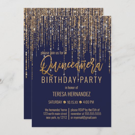 Navy Blue Gold Glitzer Fringe Vorhang Quinceañera Einladung (Vorne/Hinten)
