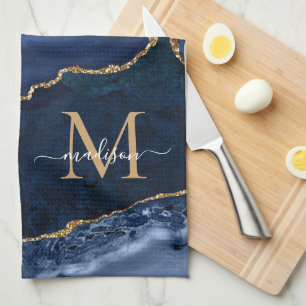 Navy Blue Gold Glitzer Geode Marble Chic Monogram Geschirrtuch
