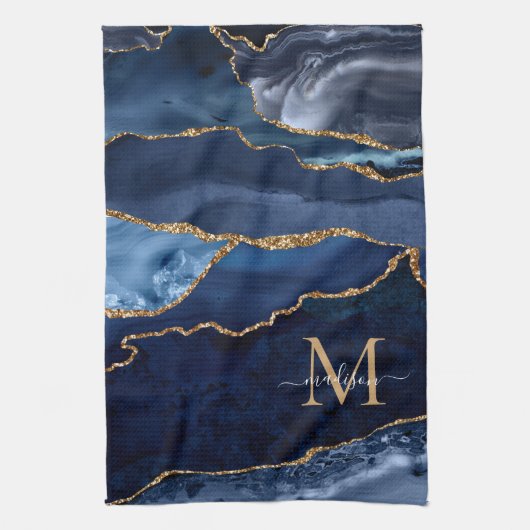 Navy Blue Gold Glitzer Geode Marble Chic Monogram Geschirrtuch (Vertikal)