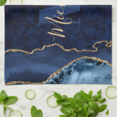 Navy Blue & Gold Glitzer Marble Agate Monogram Geschirrtuch (Gefaltet)