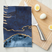 Navy Blue & Gold Glitzer Marble Agate Monogram Geschirrtuch (Viertel Falte)