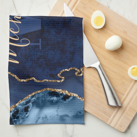 Navy Blue & Gold Glitzer Marble Agate Monogram Geschirrtuch (Viertel Falte)